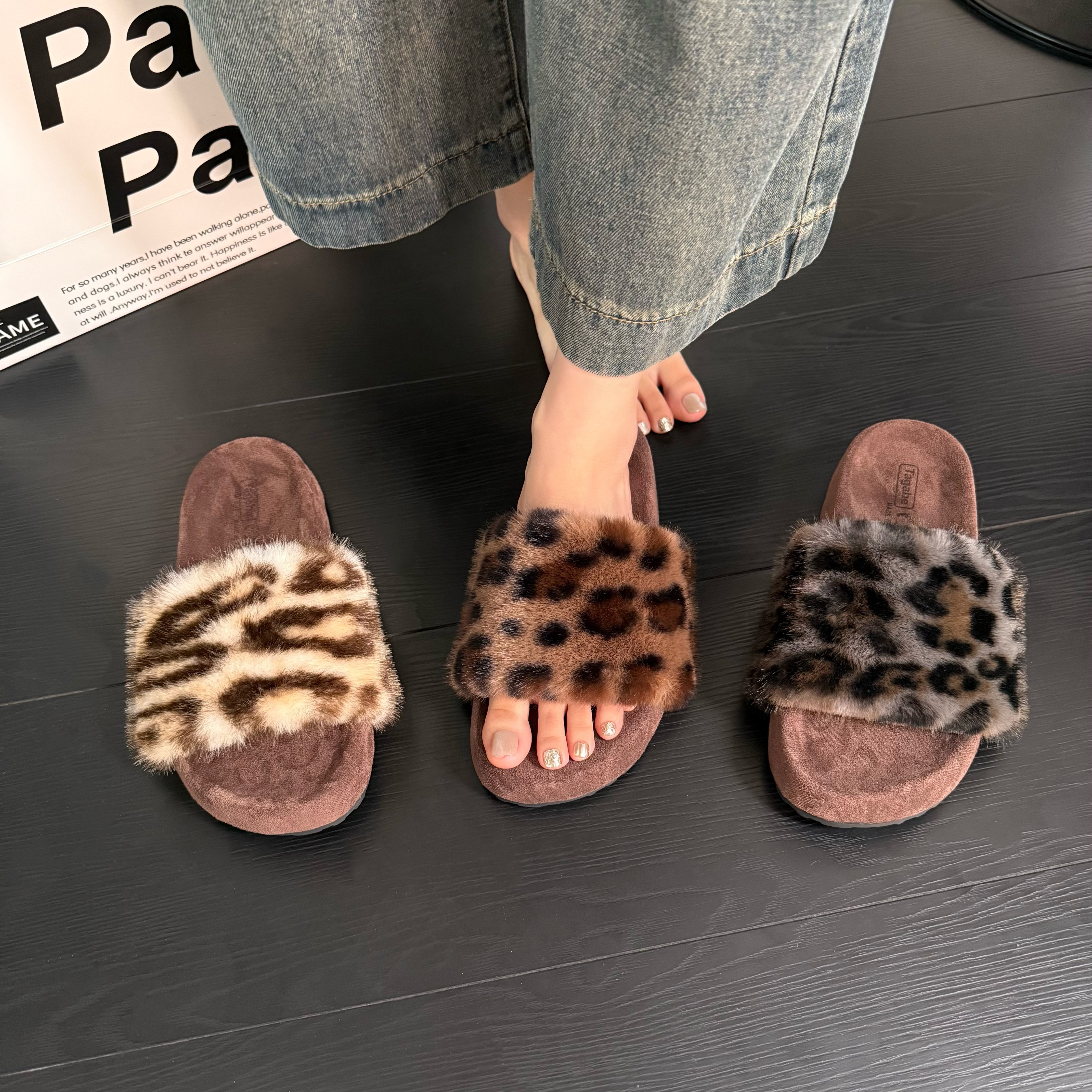 Tagabe网红豹纹毛毛拖鞋女外穿时尚2025秋冬新款厚底舒适一字拖