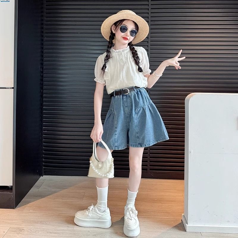 女童夏装套装2025新款儿童洋气娃娃衫上衣中大童牛仔短裙裤两件套