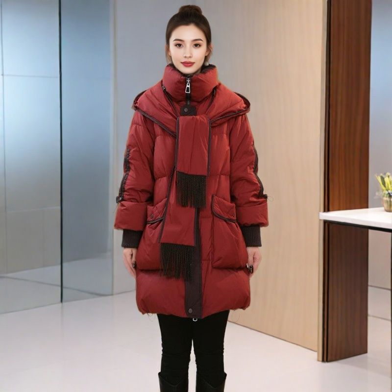 冬季新款设计感围巾连帽优雅百搭加厚保暖中长款白鸭绒羽绒服外套