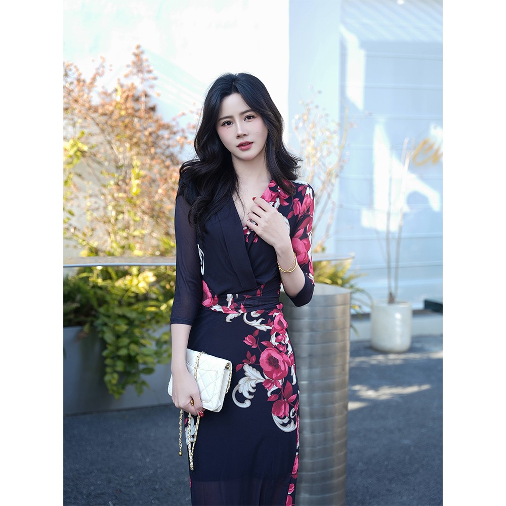 裹身裙古典气质优雅印花网纱新中式国风黑色连衣裙显瘦夏季修身