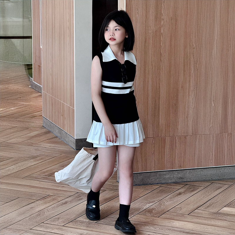 女童夏装套装2025新款小女孩夏季韩系简约Polo背心儿童裤裙两件套