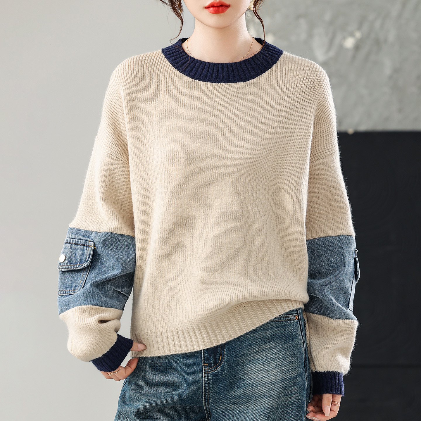 秋冬长袖宽松撞色新款打底时尚mm牛仔拼接针织衫设计休闲毛衣上衣