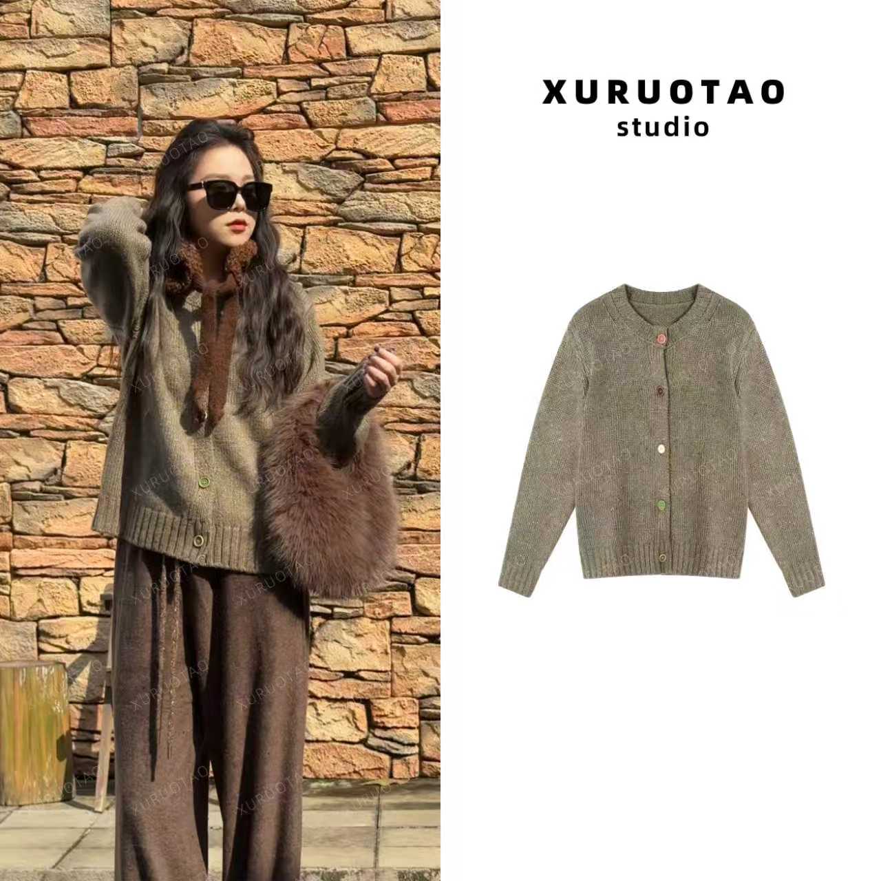 XURUOTAO【绿琉璃】绵羊毛混纺棉感设计显瘦百搭灰绿色上衣 T5697