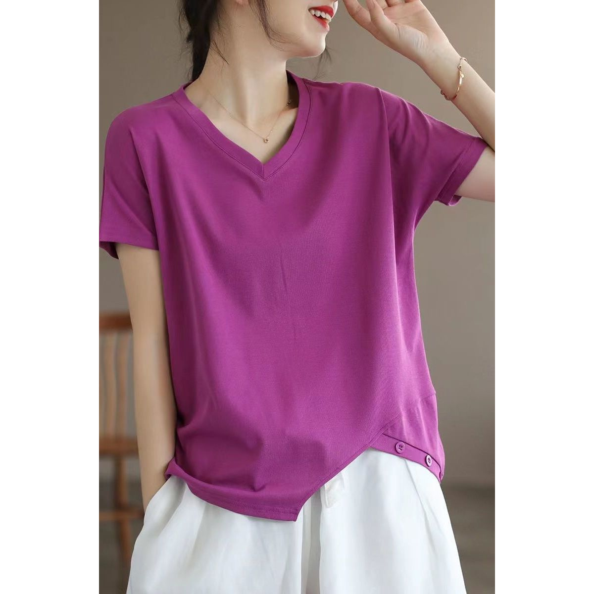 棉 短袖T恤女2025夏新款文艺复古V领纯色宽松休闲薄款上衣体恤衫