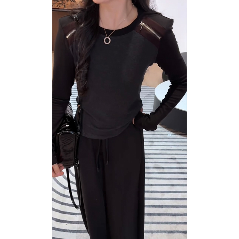 欧货2025秋季新款圆领休闲正肩拉链装饰长袖T恤女打底衫上衣