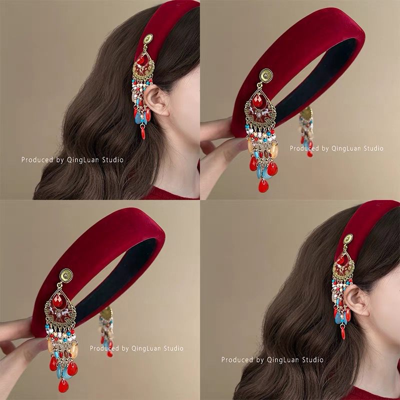 复古宫廷风新年红丝绒流苏发箍高颅顶轻奢头箍气质甜美民族风发饰