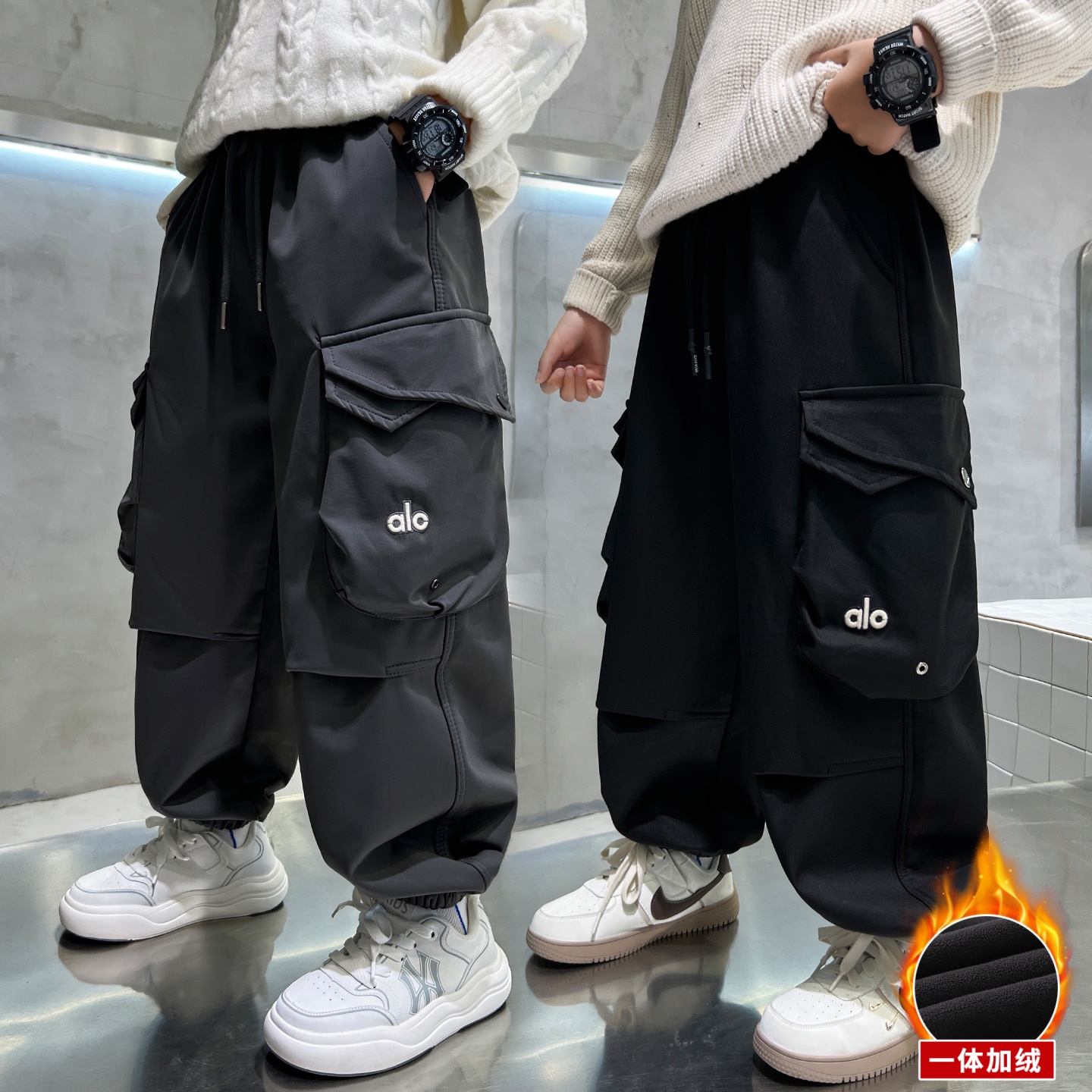 男童加绒裤子2025新款中大儿童一体绒工装裤秋冬加厚男孩冬装长裤