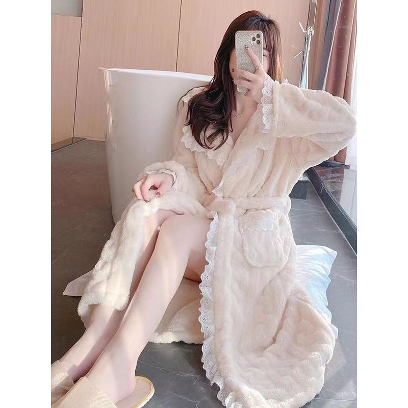 2025年新款睡袍女秋冬季甜美性感珊瑚绒加厚长款睡衣女春秋款浴袍