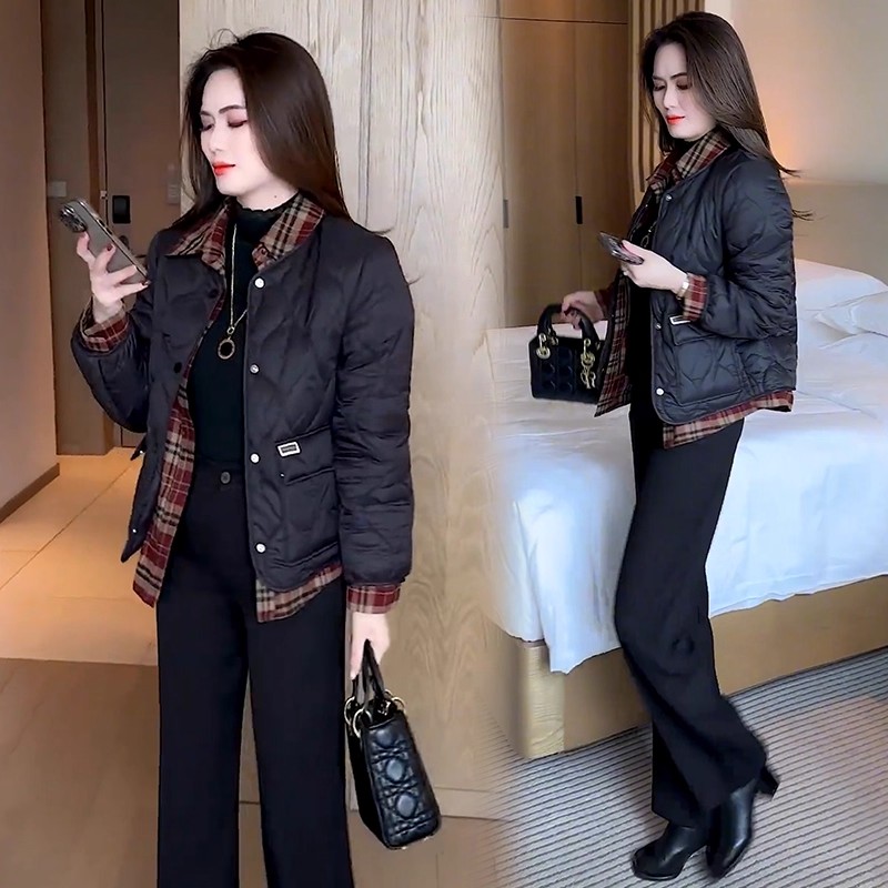 拉夏贝尔小个子短款外套女2025秋冬季新款韩版假两件拼接格纹上衣