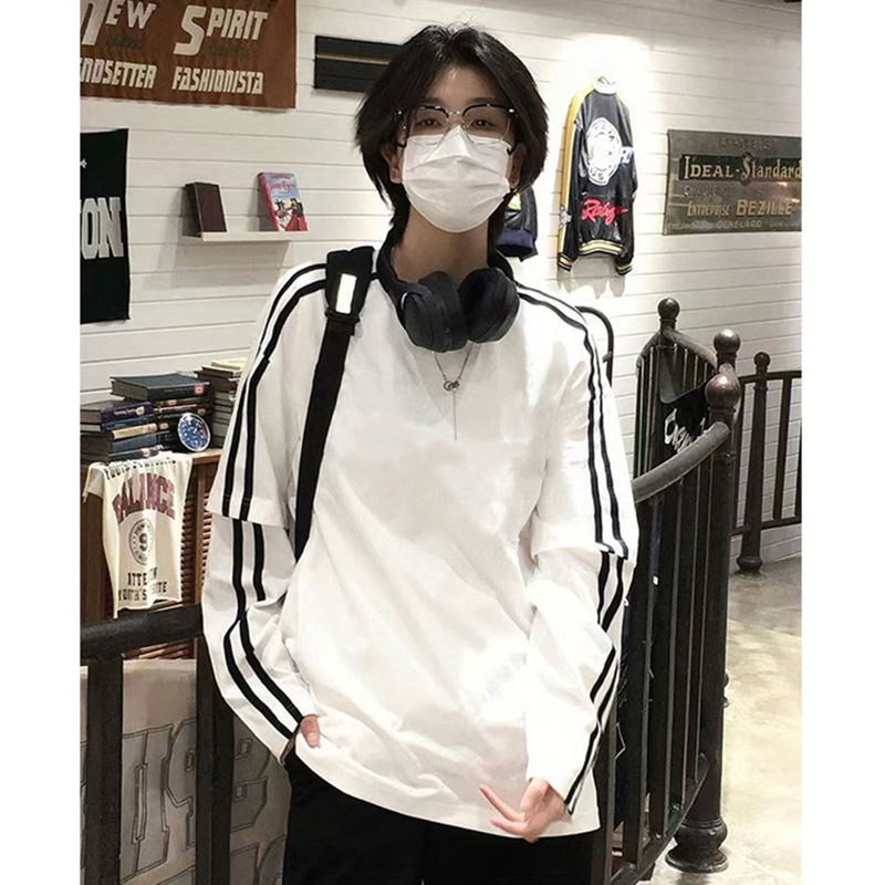 美式潮牌复古长袖T恤男女秋冬季高街百搭宽松拼接条纹假两件上衣