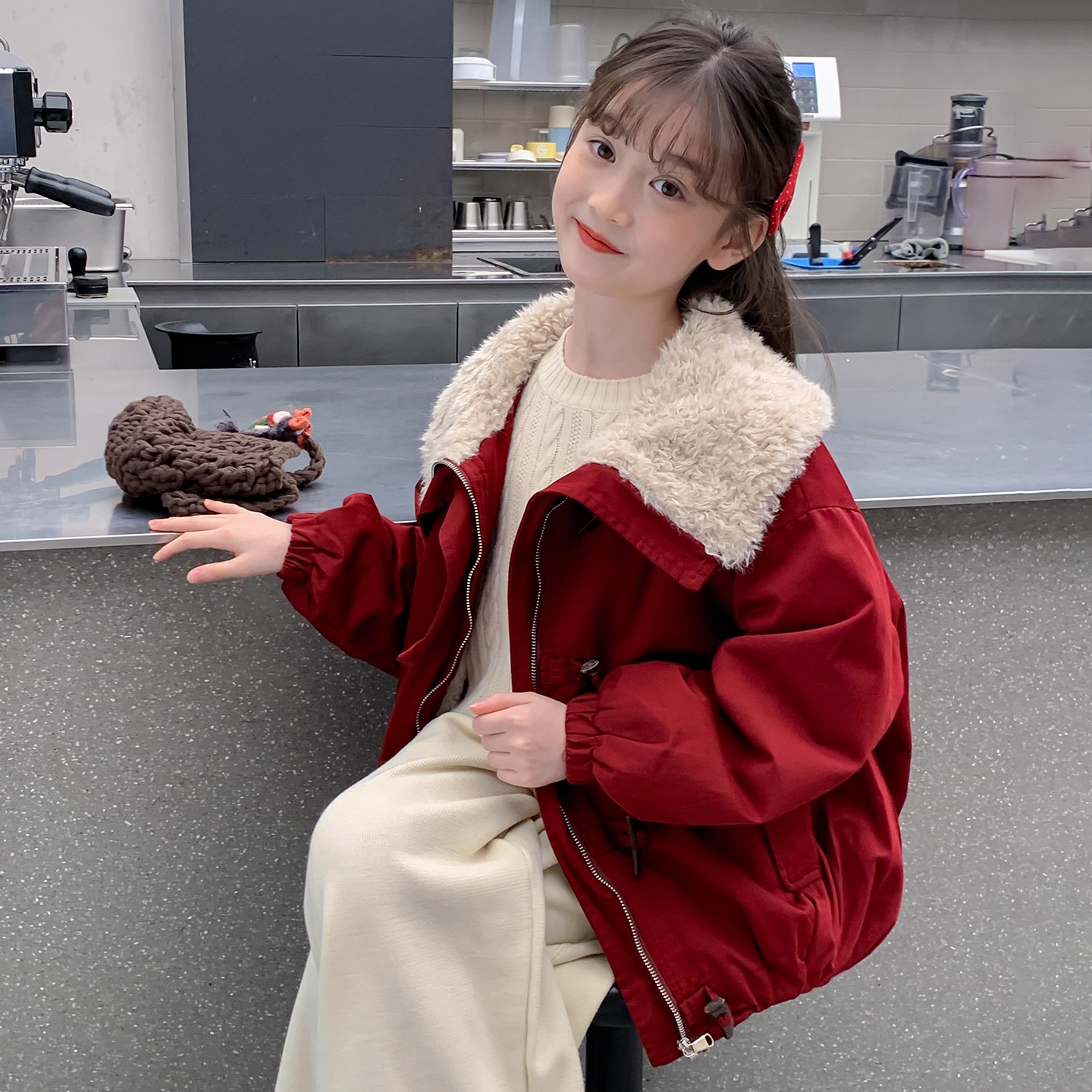 女童外套冬装2025新款洋气儿童加绒加厚派克服中大童冬季红色上衣