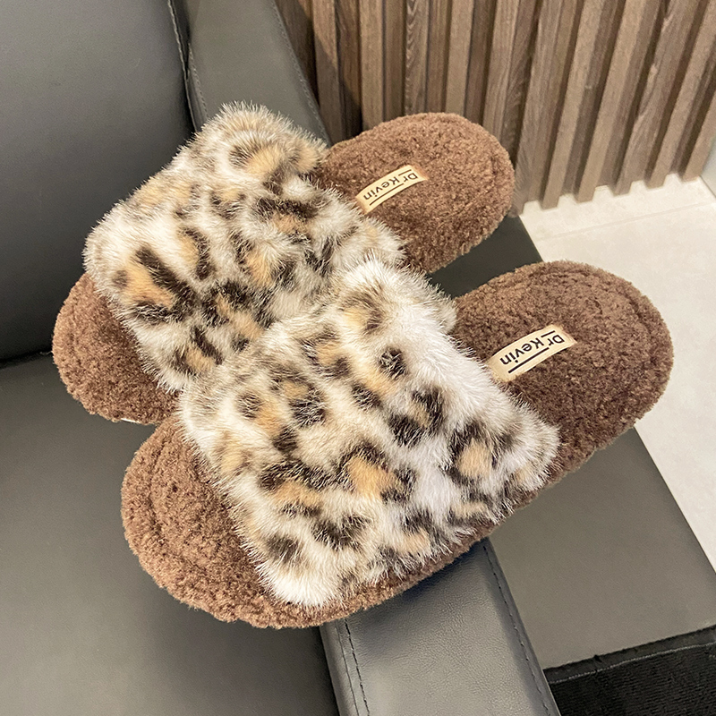 豹纹毛毛拖厚底一字女拖鞋秋冬室内外穿保暖时尚居家棉拖鞋冬季