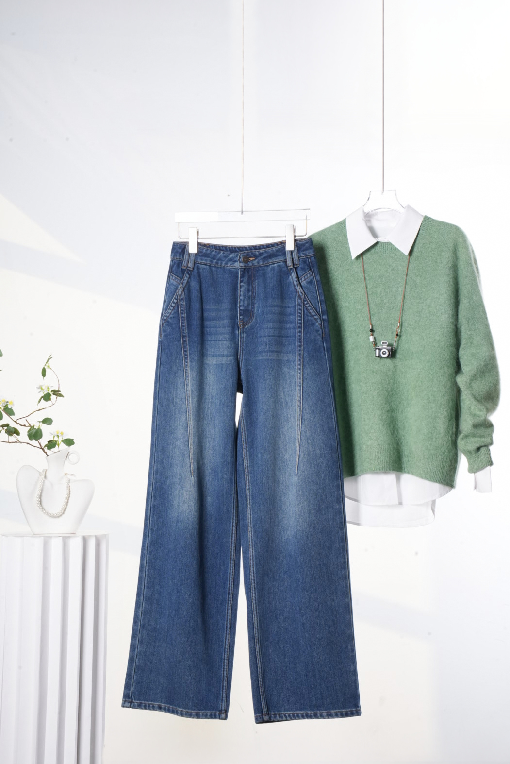 【元老蓝】极简风高腰牛仔裤冬季女宽松直筒裤韩版裤子S54Z0010K