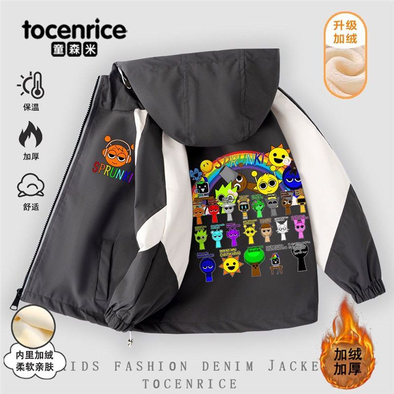 Sprunki音乐节奏盒子男女孩儿童装学生外套秋冬季加绒防风冲锋衣