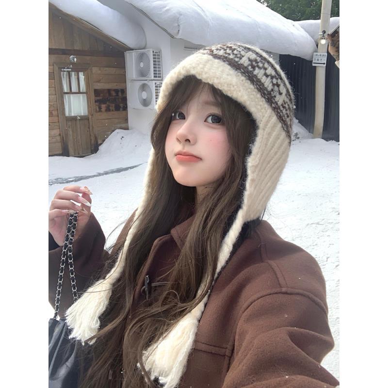 费尔岛毛线帽子女款秋冬季2025新款显脸小护耳保暖防寒加厚雷锋帽