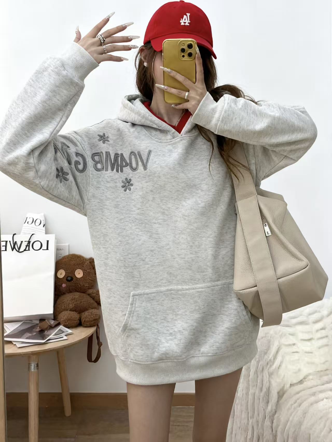 学院风连帽慵懒风重磅刺绣卫衣潮流上衣宽松秋冬季加绒加厚