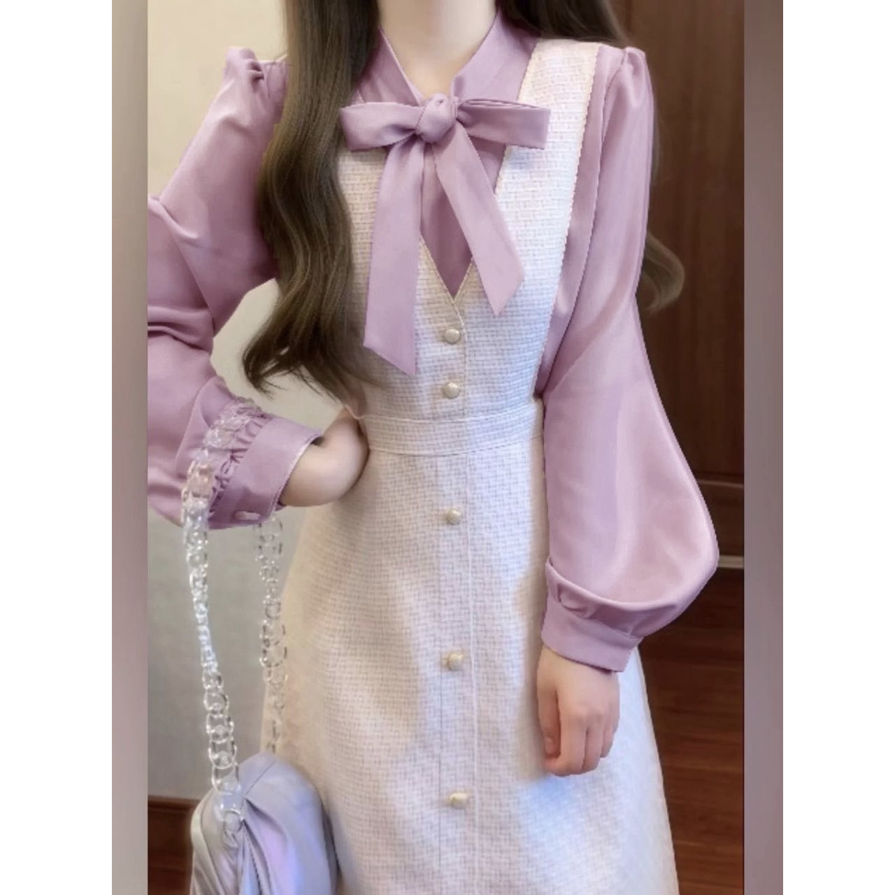 2025秋季新款法式温柔小香风长裙少女感粉紫色蝴蝶结假两件连衣裙