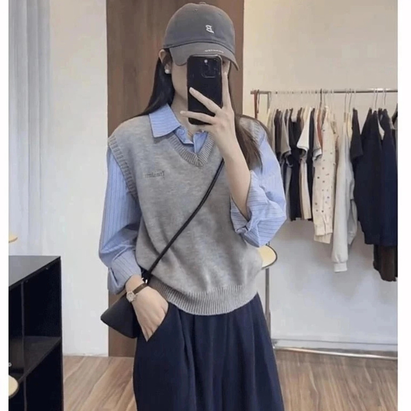 假两件撞色衬衫2025春季休闲百搭叠穿长袖衬衫针织上衣