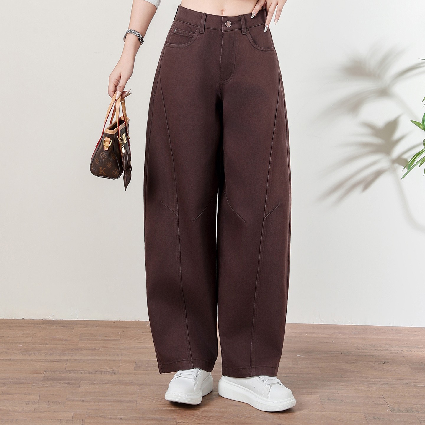 拉夏贝尔时尚休闲裤女2025春秋新款高腰显瘦窄版简约百搭弯刀裤子