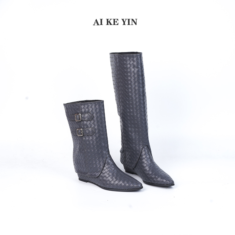 【艾珂茵】秋冬新款小方头侧拉链编织面三穿时装靴薄绒坡跟时尚