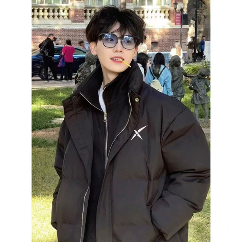 美式简约字母印花立领棉衣外套男冬季潮牌百搭休闲情侣款加厚棉服