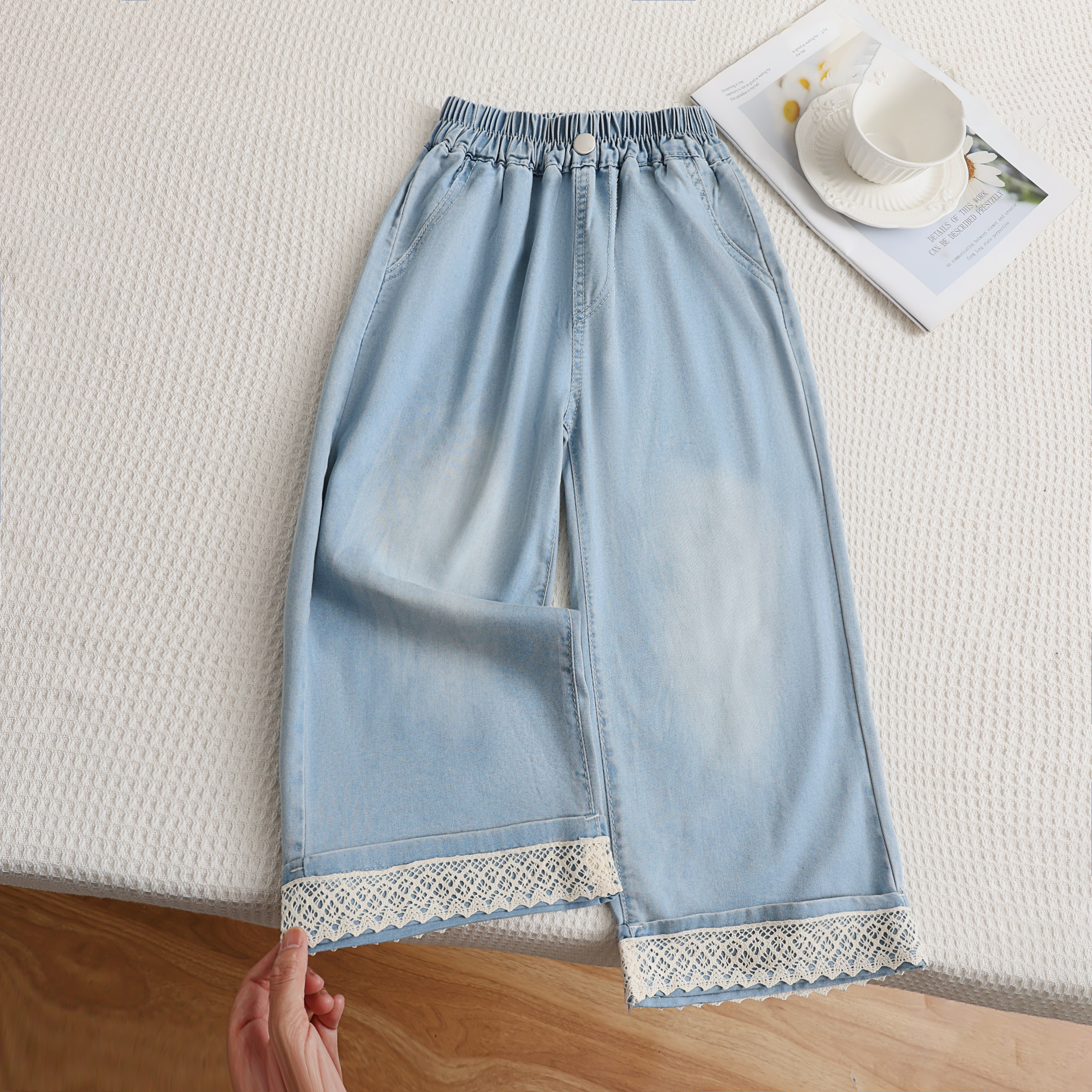 女童天丝牛仔裤2025新款夏装儿童夏季薄款冰丝裤子中童九分阔腿裤