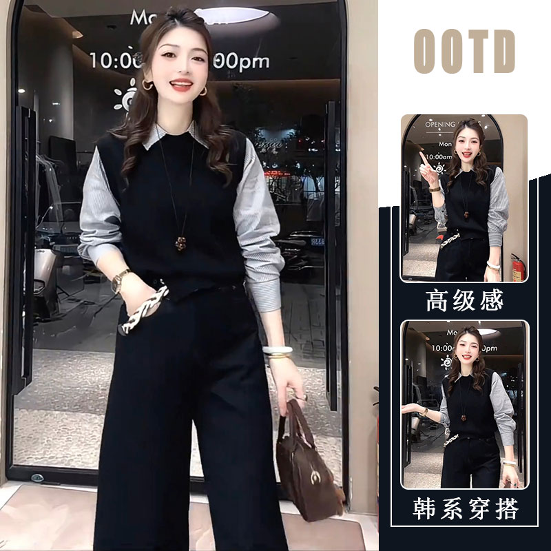 女秋冬新款韩系小个子假两件拼接条纹衬衫领百搭上衣牛仔裤两件套