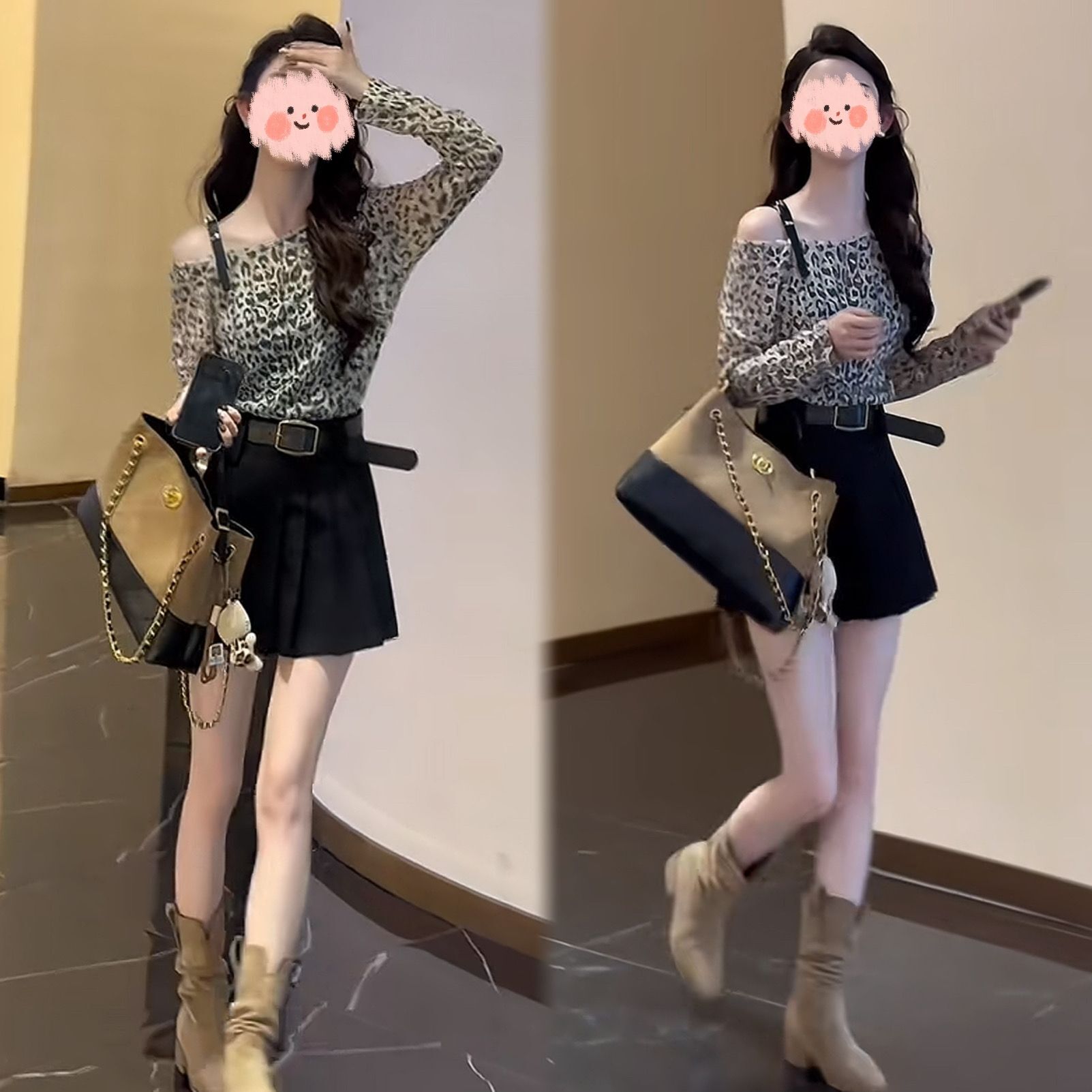 【套装】秋季上新性感辣妹风豹纹斜肩长袖上衣+半身裙洋气套装女