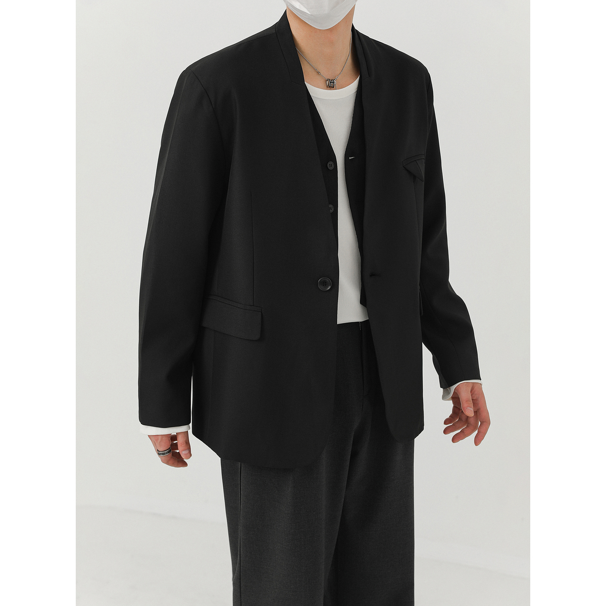 卓卓设计感拼接假两件垫肩无领西装男士潮流帅气宽松休闲西服外套