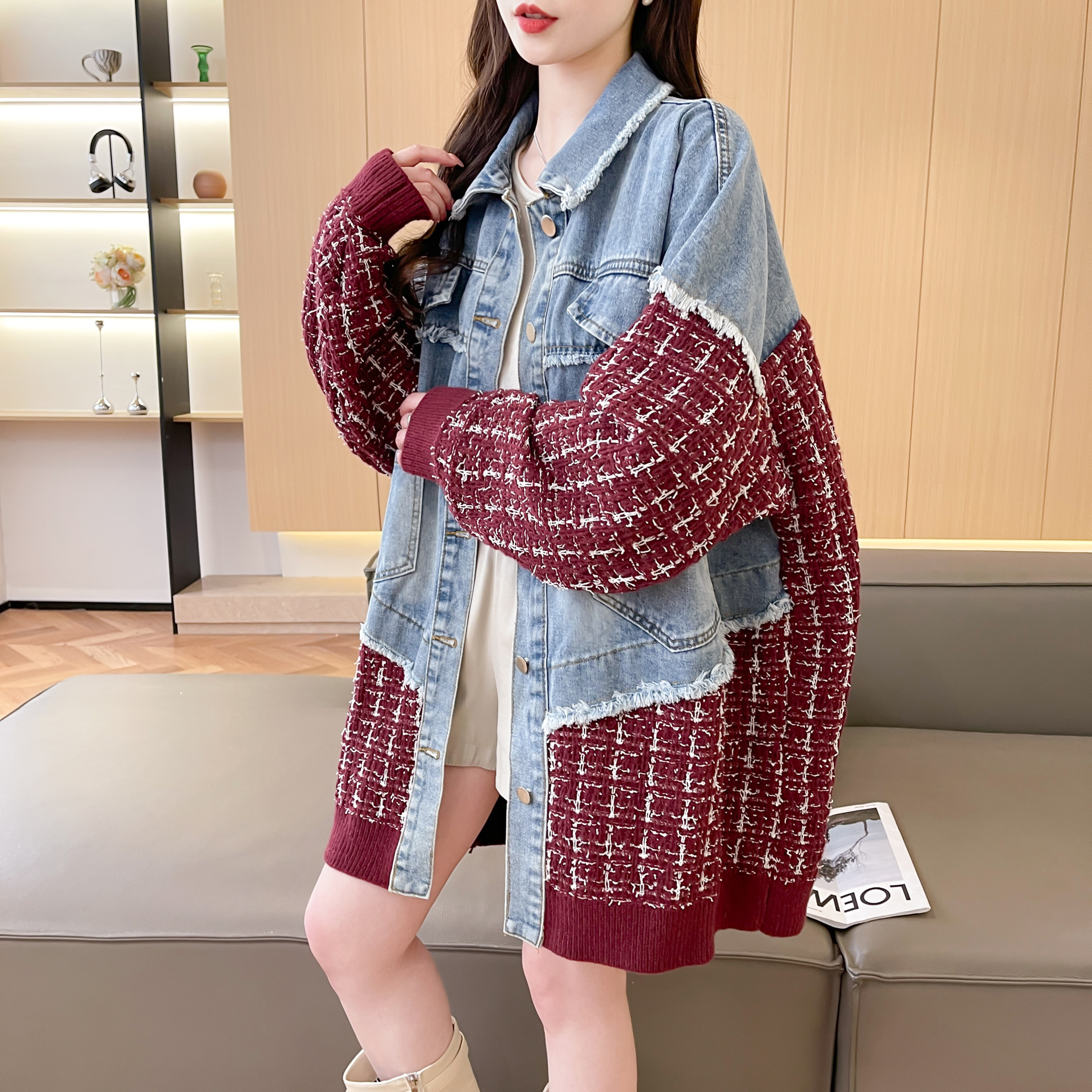 设计感牛仔拼接毛衣外套女2025年韩版秋冬新款慵懒风减龄针织开衫