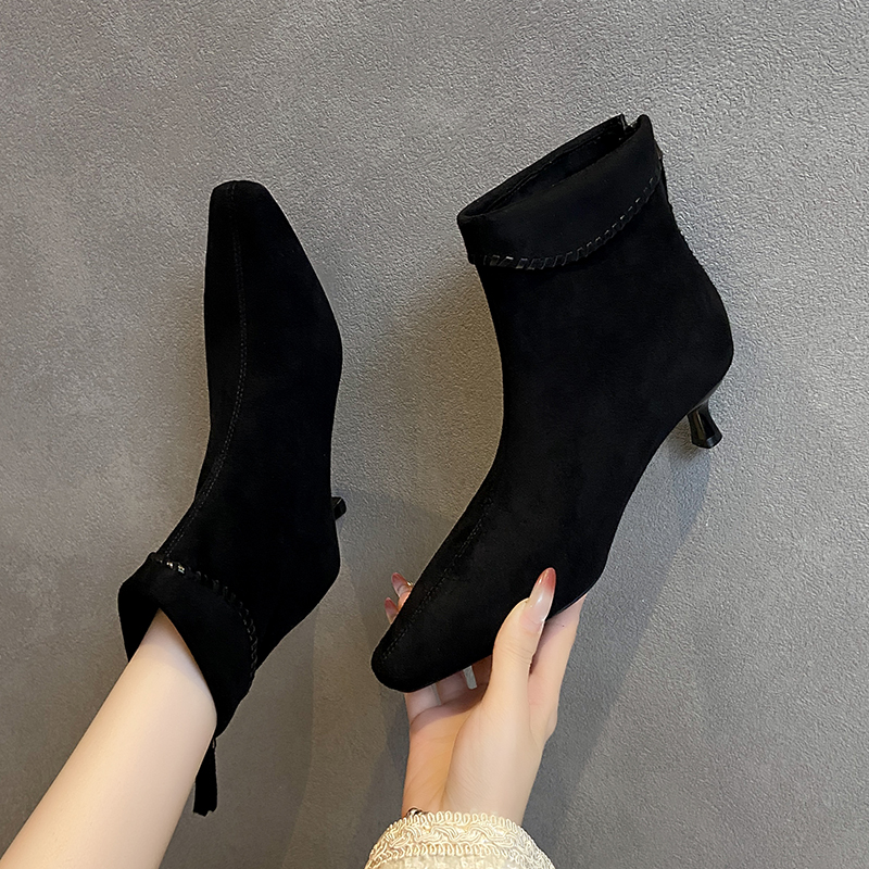 黑色方头粗跟短靴女2025秋冬新款绒面高跟鞋后拉链百搭瘦瘦靴5263