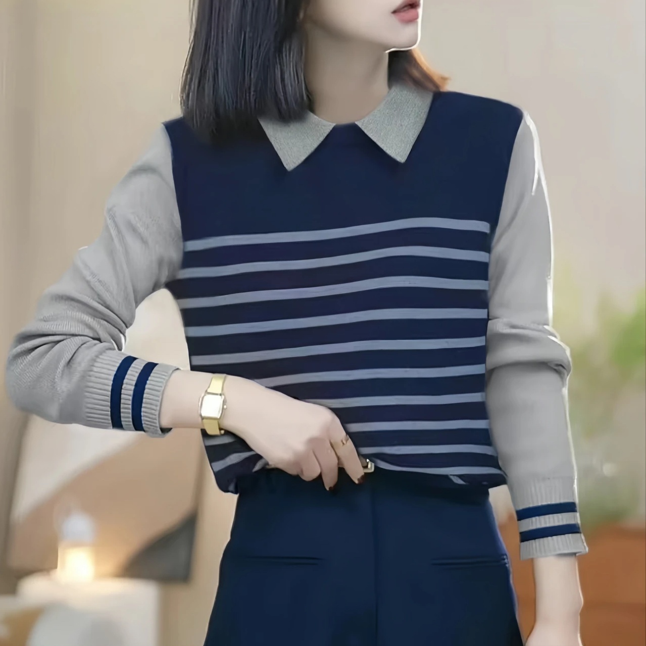 撞色条纹假两件Polo领高级感针织衫女秋冬季拼接时尚洋气长袖上衣