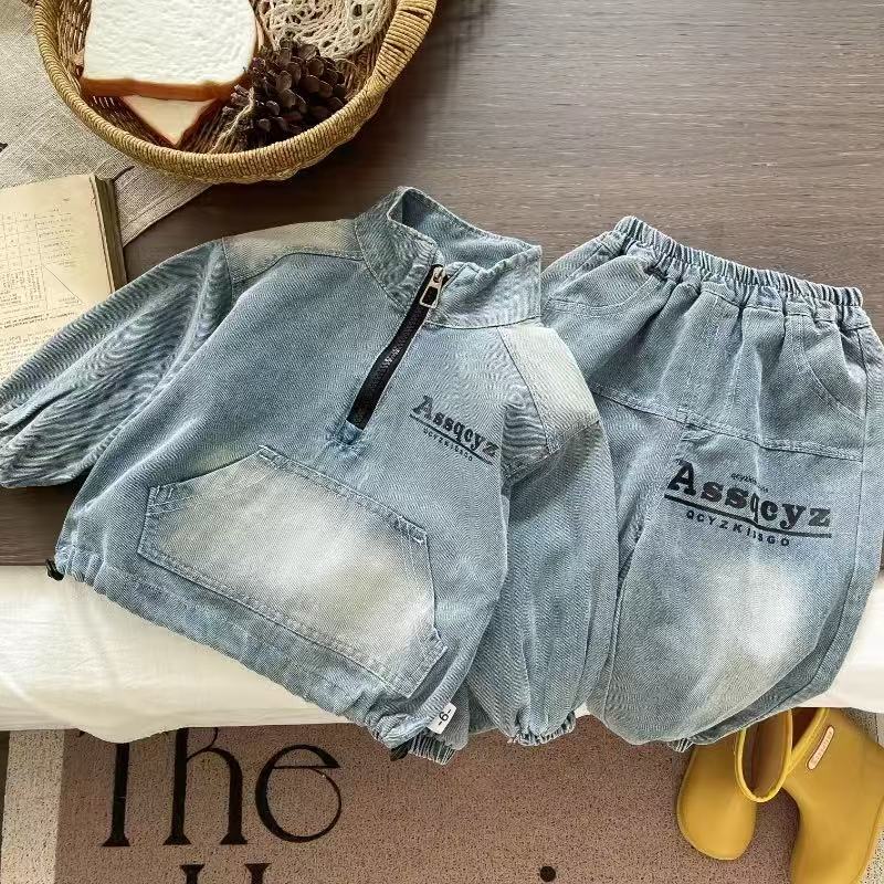 【沫沫家】春秋季男女宝半拉链牛仔卫衣套装小童休闲运动两件套