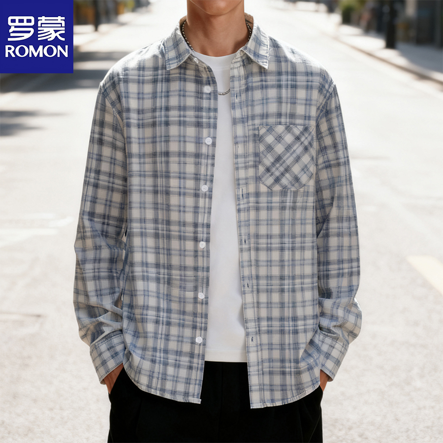 Romon/罗蒙品牌新款100%纯棉男士简约格子衬衫长袖商务休闲男衬衣