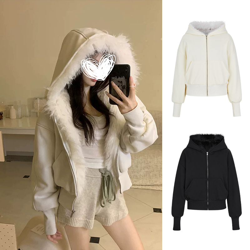 Moses Queen/魔西女王美式连帽卫衣外套冬季加绒保暖短款开衫上衣