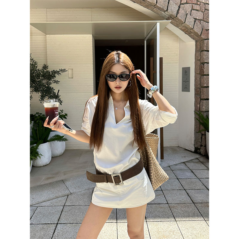 韩系小众设计感休闲百搭洋气V领长袖衬衫上衣高腰修身显瘦短裙女