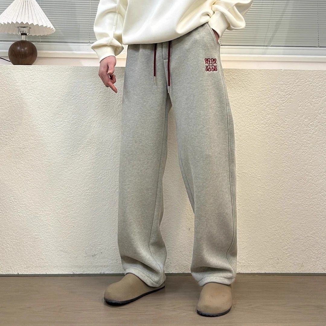 秋季新款刺绣休闲微弹力阔腿裤男重磅休闲直筒卫裤宽松保暖百搭潮