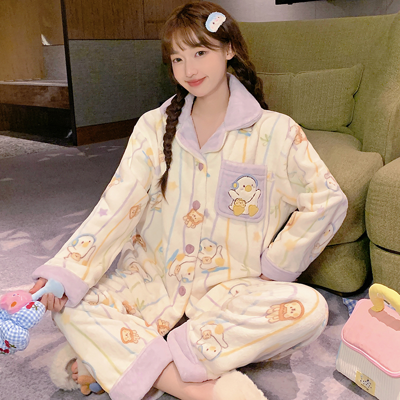 日系可爱卡通长袖睡衣女士加绒加厚春秋季2025年新款法兰绒套装