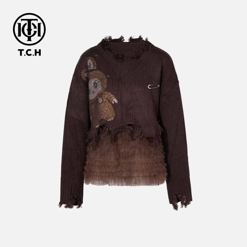 TCH私服秋款慵懒风烫钻时尚淑女咖色套装女T75C07E5029轻奢tch