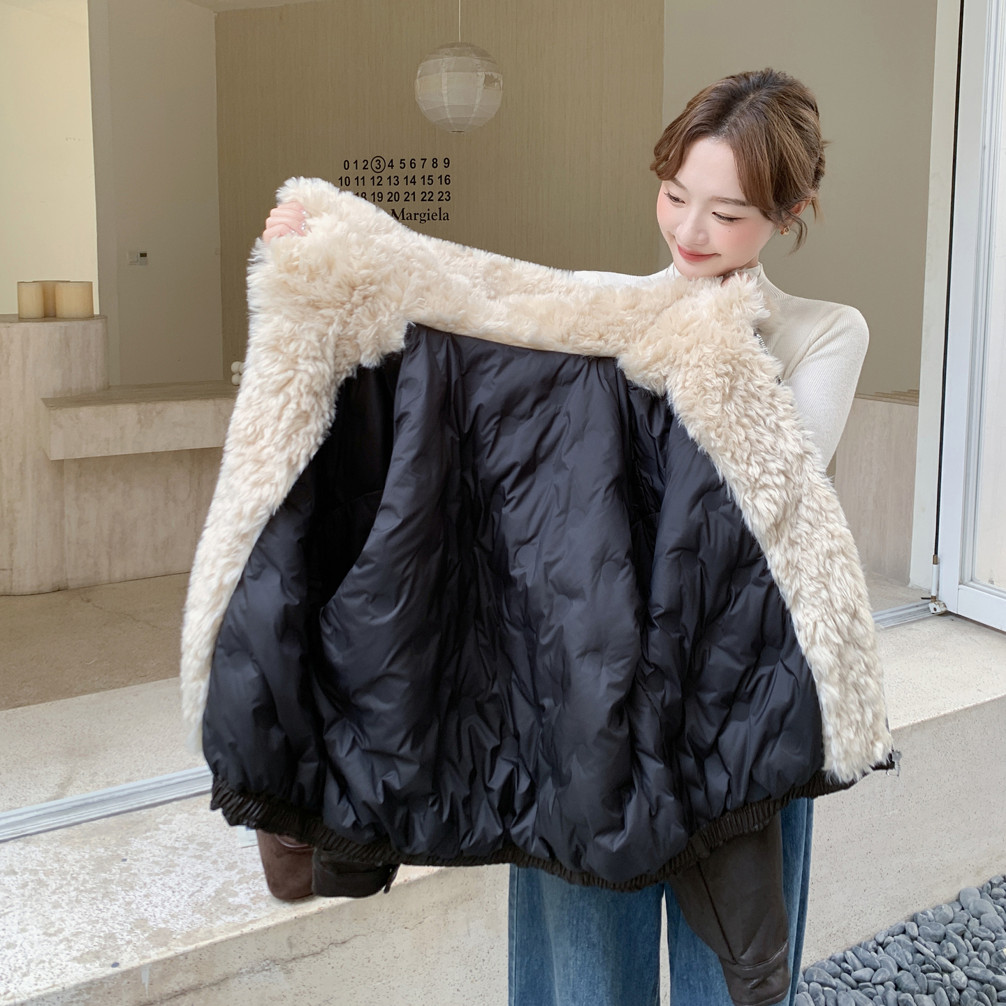 咖色羊羔毛翻领皮衣羽绒服女2025冬季新款甜酷超时尚90绒保暖外套