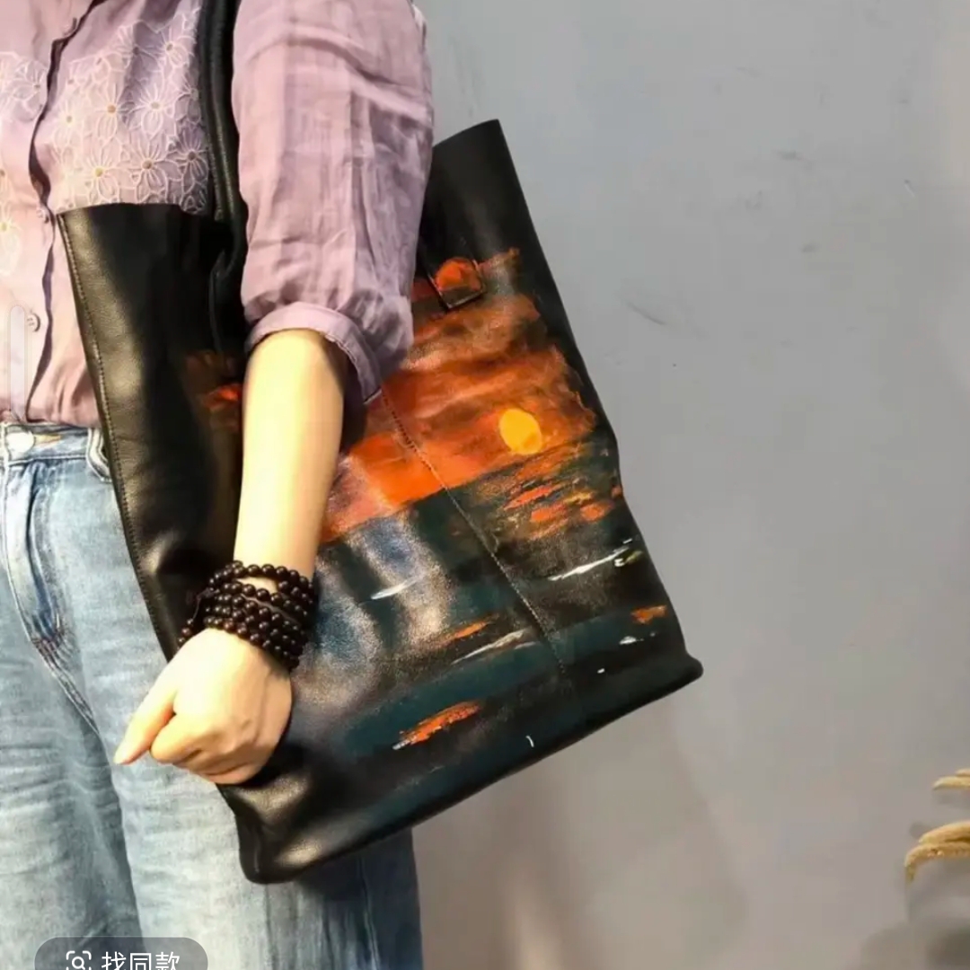 真皮单肩包女复古时尚休闲百搭原创小众大容量托特包头层牛皮日出