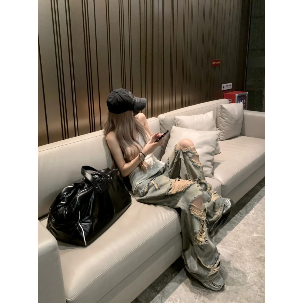 美式复古破洞小众牛仔裤女2025夏季新款高腰显瘦垂感宽松直筒裤子