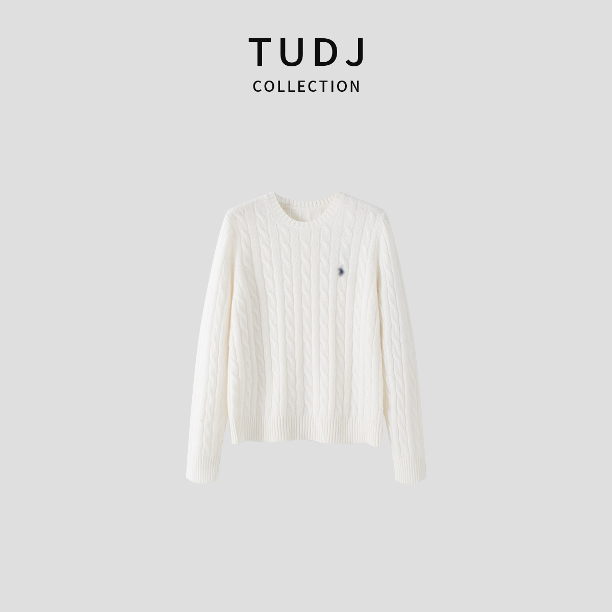 【TUDJ】100%绵羊毛长袖圆领麻花毛衣秋冬厚款保暖内搭刺绣针织衫女