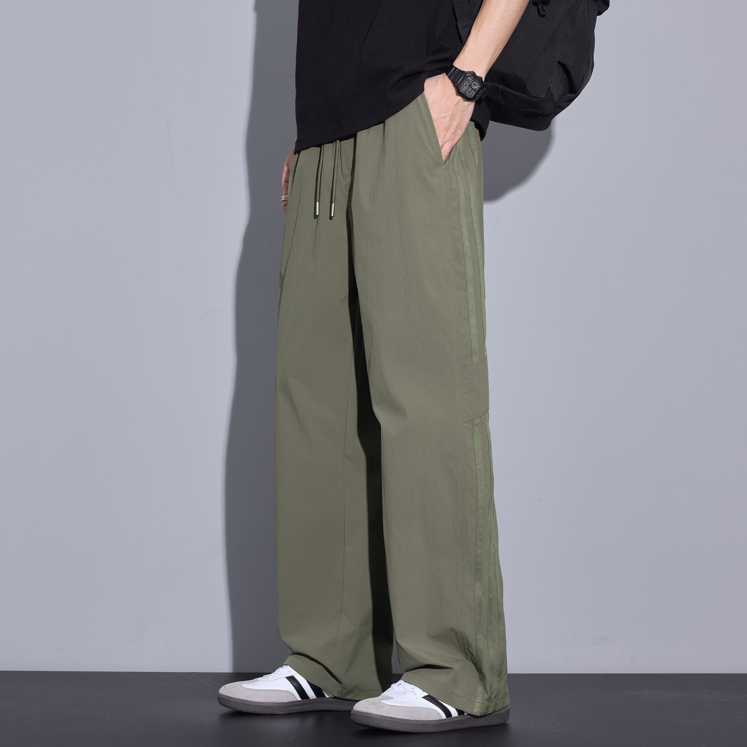 Kuvine2025夏季美式潮牌条纹伞兵裤宽松薄款运动百搭男士休闲裤子