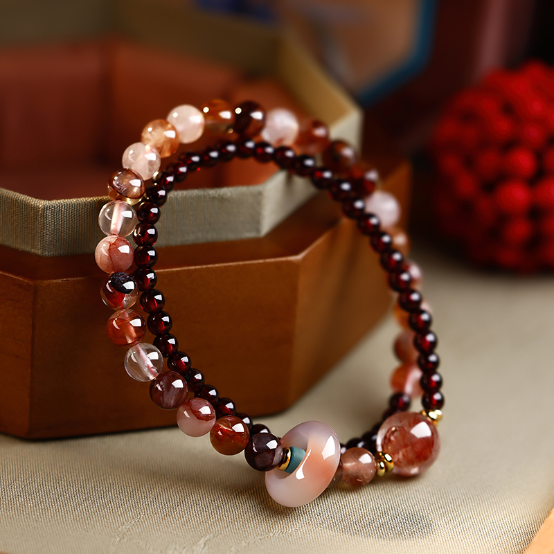 多圈平安扣转珠手串红色女国风手串气质简约素圈天然水晶轻奢手串