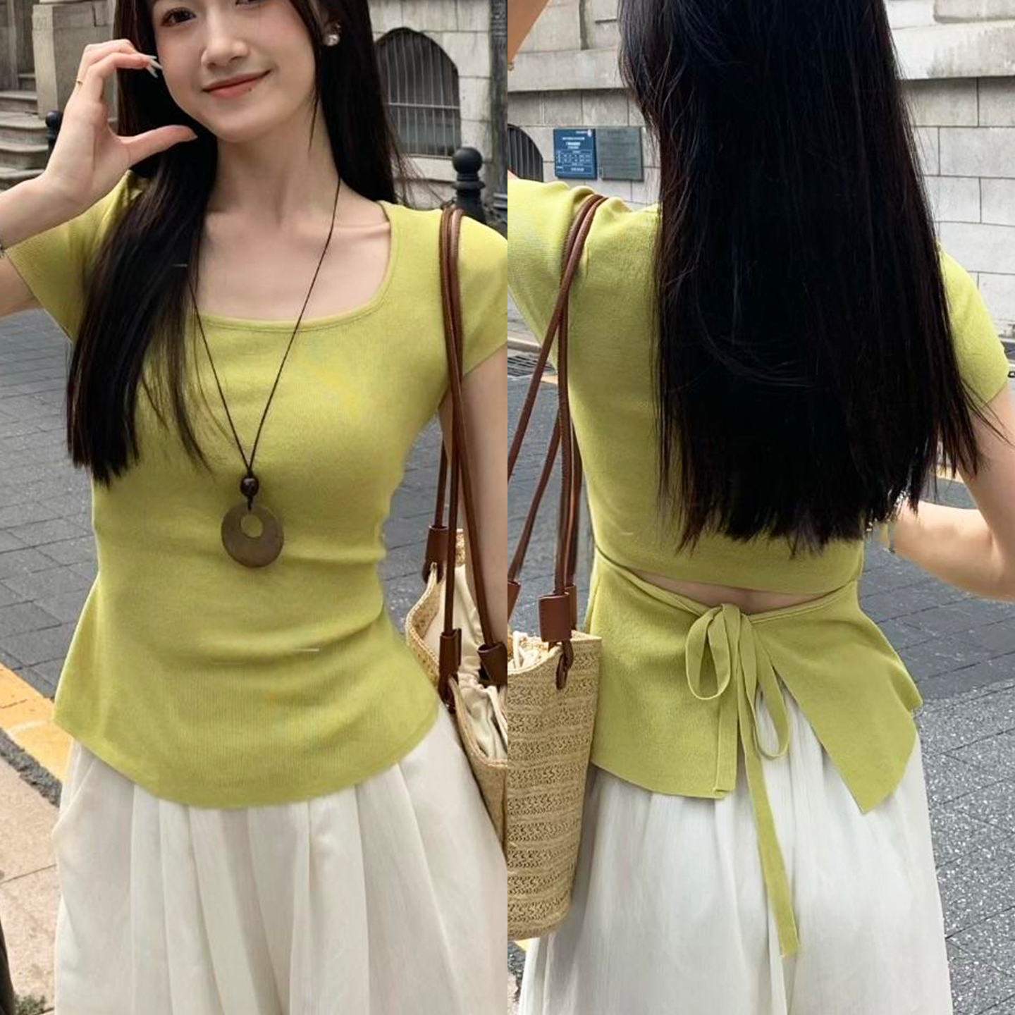 2025夏季新款女士镂空方领冰丝短袖针织衫设计感后背绑带轻薄上衣