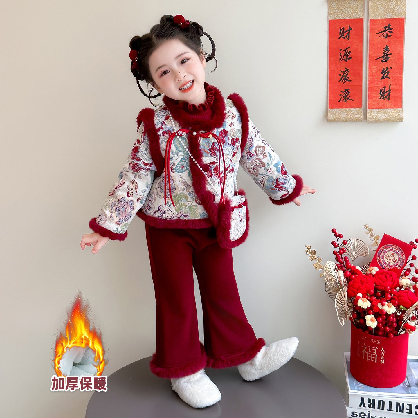 女童冬季夹棉拜年服套装2025新款女宝宝中式汉服唐装儿童新年冬装