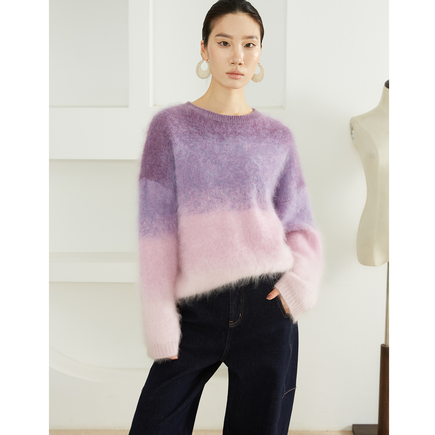 SILVIYE100山羊绒晕染花纱渐变羊绒衫女羊绒拉毛针织毛衣MY52043