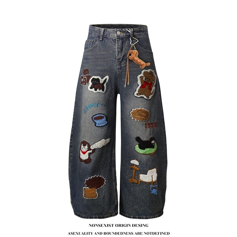 NONSEXIST 原创国潮卡通重工刺绣弯刀牛仔裤宽松慵懒休闲长裤男女