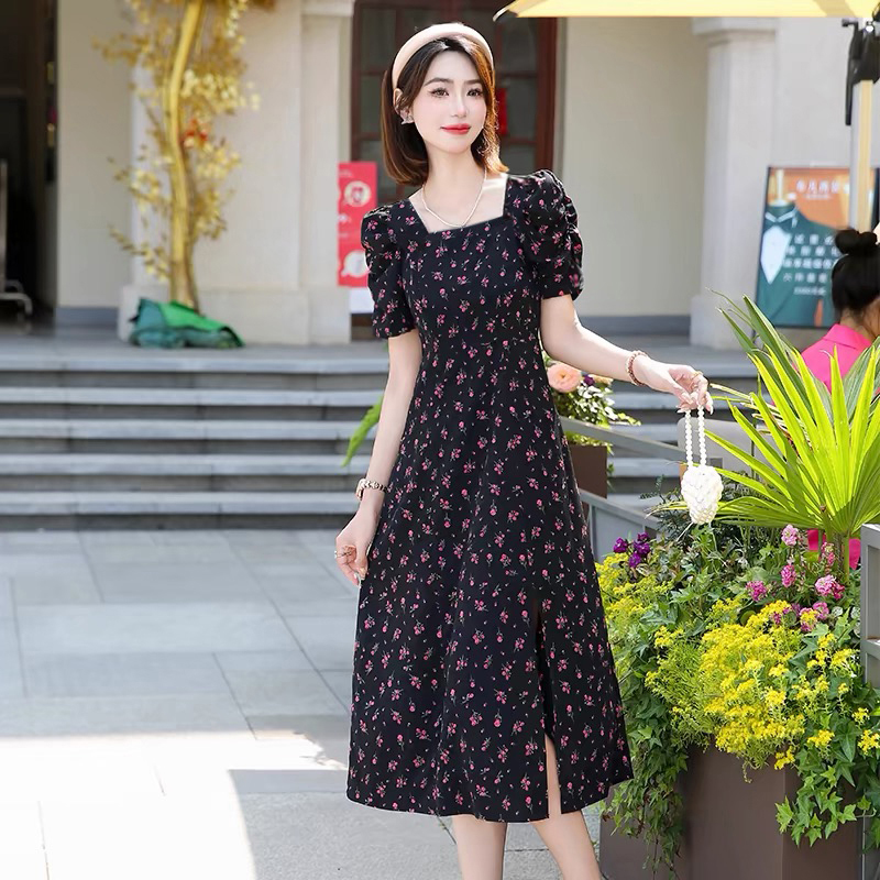 方领泡泡袖夏季法式显瘦连衣裙连衣裙裙子气质收腰长裙韩版